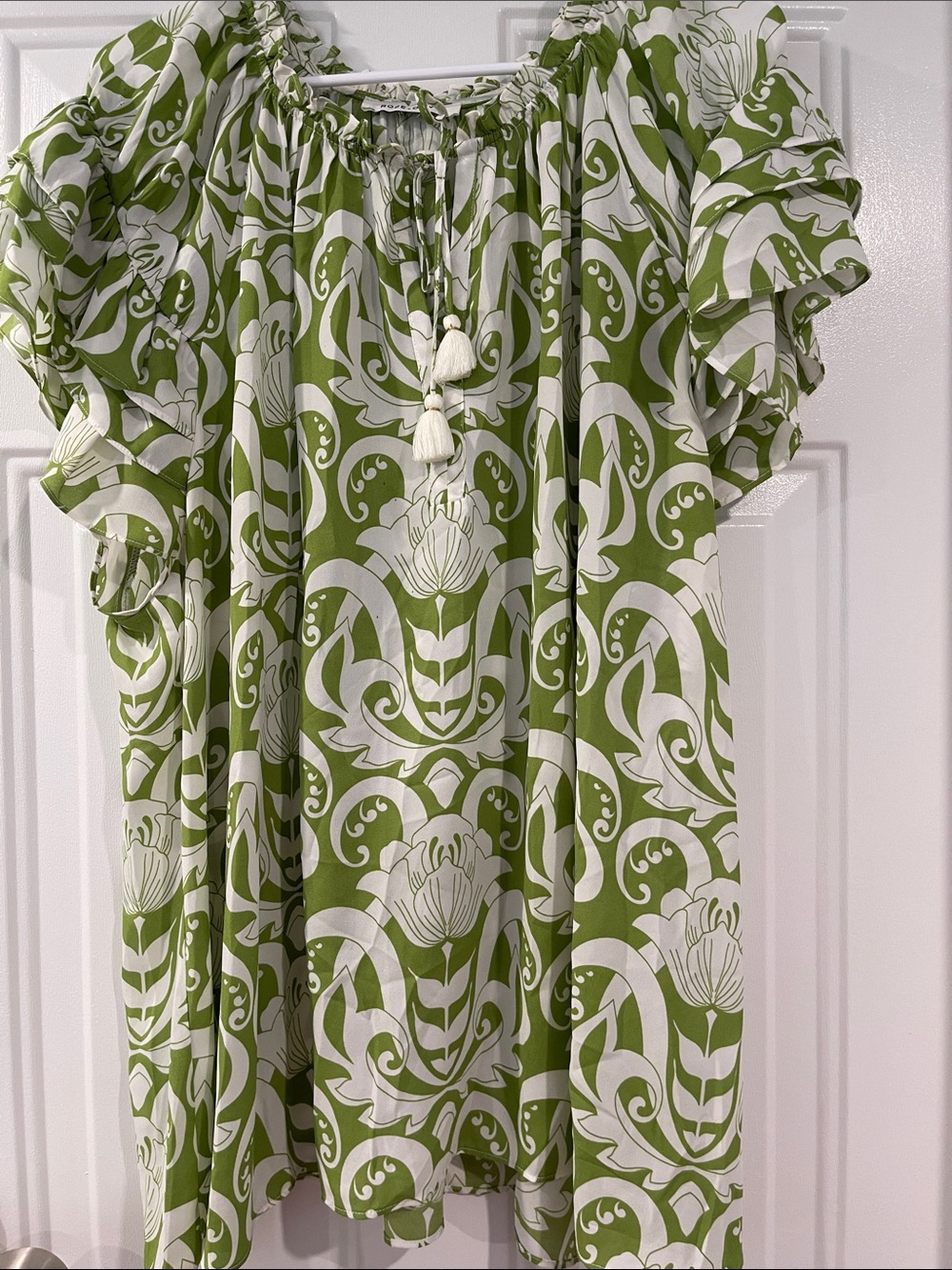 Rose & Olive Green and White Floral Peasant Blouse